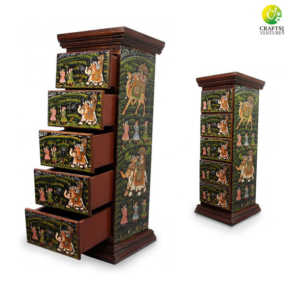 Hand Painted Wooden Pillar Cabinet with 5 Drawers