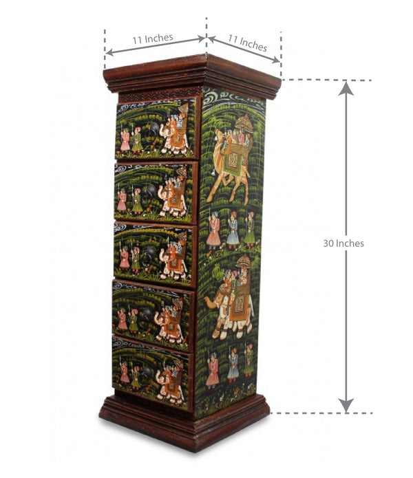 Hand Painted Wooden Pillar Cabinet with 5 Drawers